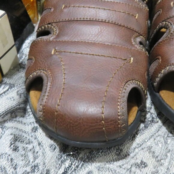 Nunn Bush Brown Leather Rio Grande Fisherman Toe Velcro closure Sandals Sz 13 M - Picture 2 of 15